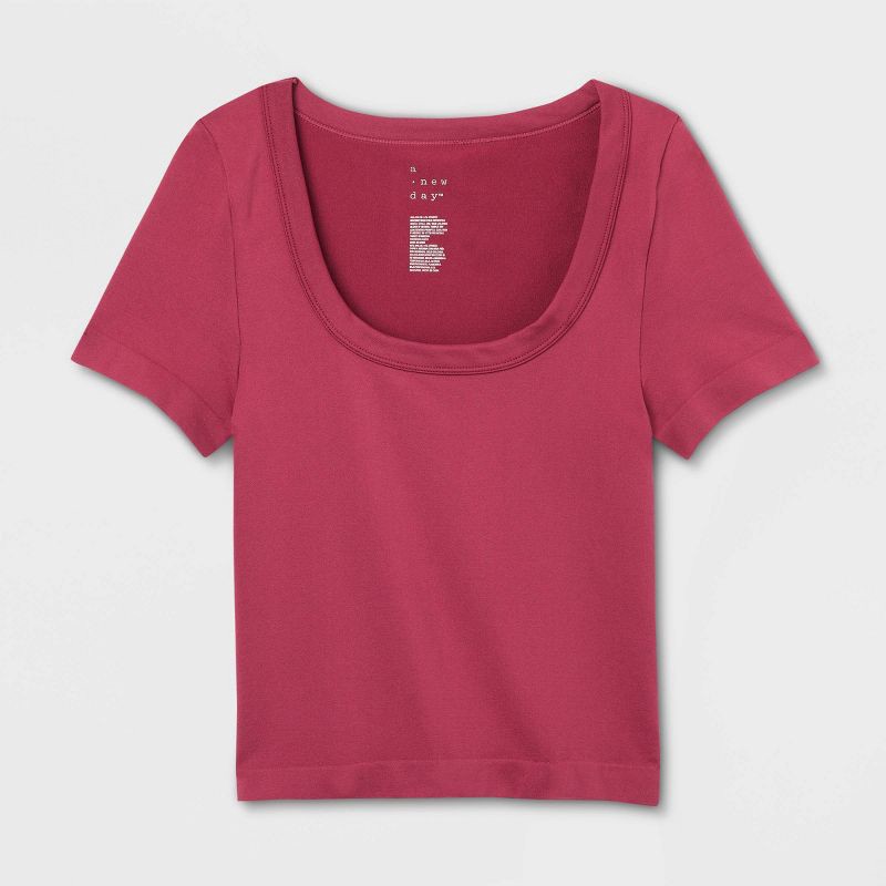 slide 4 of 4, Women's Slim Fit Seamless Short Sleeve Squareneck Baby T-Shirt - A New Day™ Dark Pink M: Lightweight Jersey Pullover, 1 ct