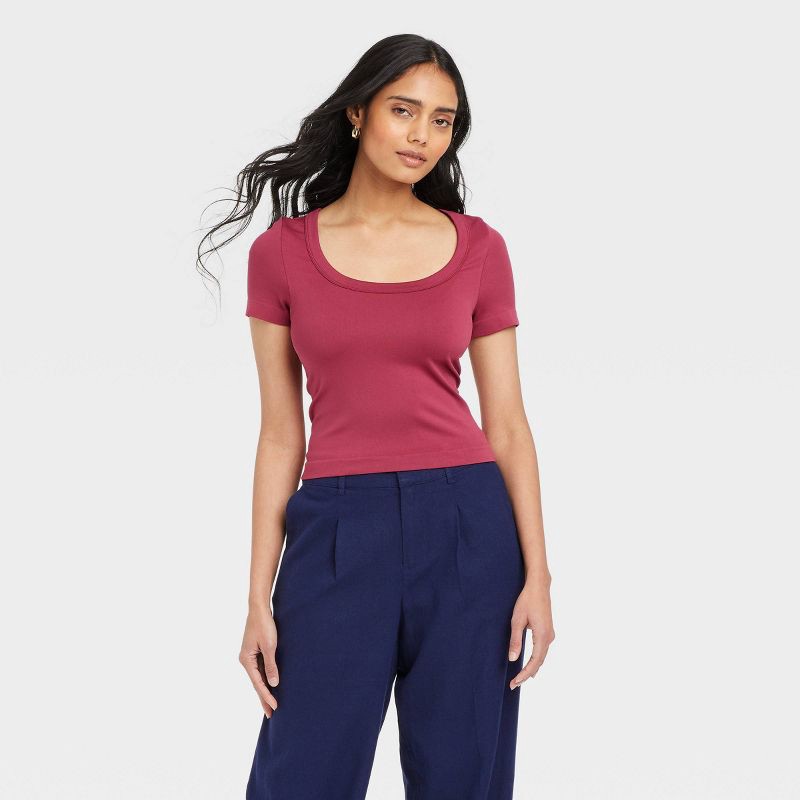 slide 1 of 4, Women's Slim Fit Seamless Short Sleeve Squareneck Baby T-Shirt - A New Day™ Dark Pink M: Lightweight Jersey Pullover, 1 ct