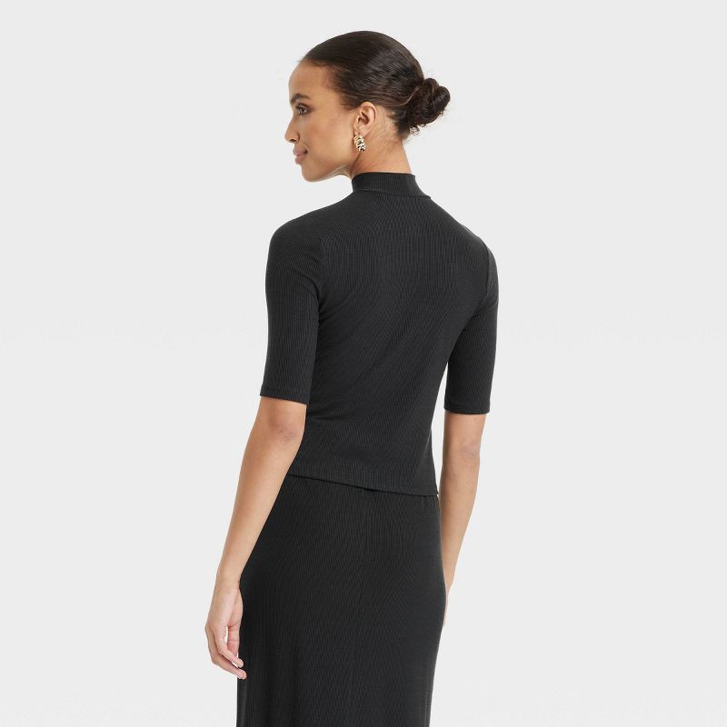 slide 2 of 4, Women's Elbow Sleeve Mock Turtleneck Ribbed T-Shirt - A New Day™ Black M, 1 ct