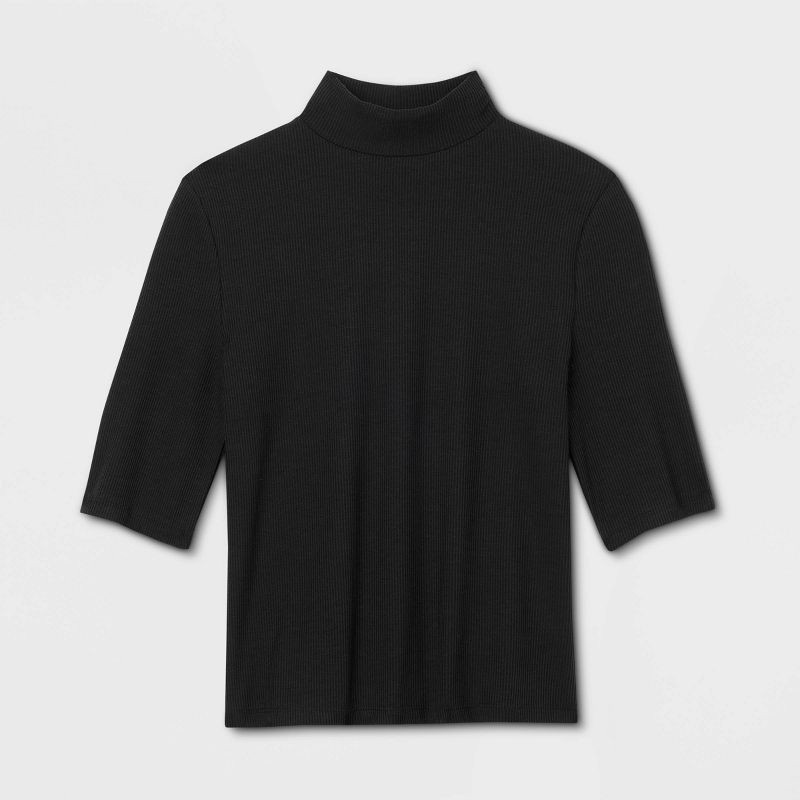 slide 4 of 4, Women's Elbow Sleeve Mock Turtleneck Ribbed T-Shirt - A New Day™ Black M, 1 ct