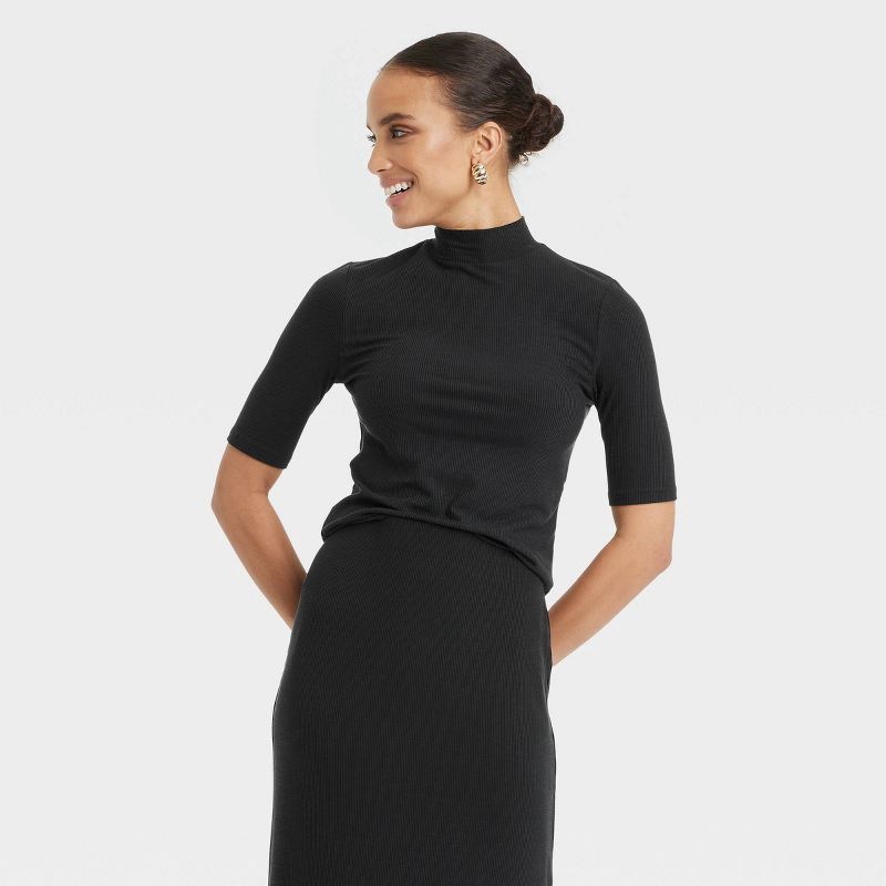 slide 1 of 4, Women's Elbow Sleeve Mock Turtleneck Ribbed T-Shirt - A New Day™ Black M, 1 ct