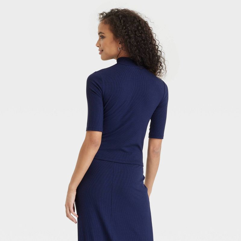 slide 2 of 4, Women's Elbow Sleeve Mock Turtle Neck Ribbed T-Shirt - A New Day™ Navy M: Midweight, Pullover, 1 ct