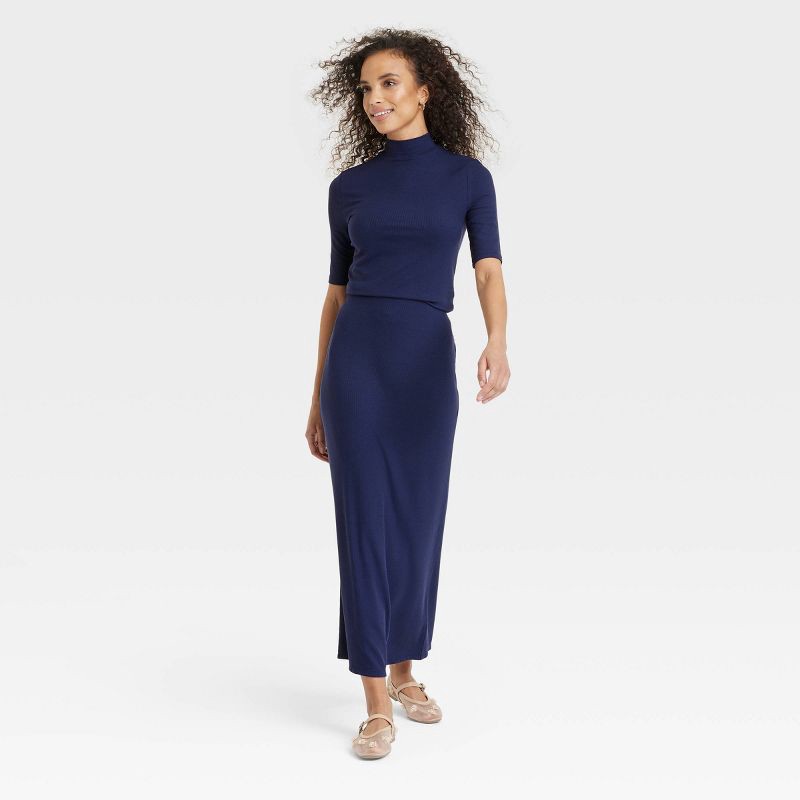 slide 3 of 4, Women's Elbow Sleeve Mock Turtle Neck Ribbed T-Shirt - A New Day™ Navy M: Midweight, Pullover, 1 ct