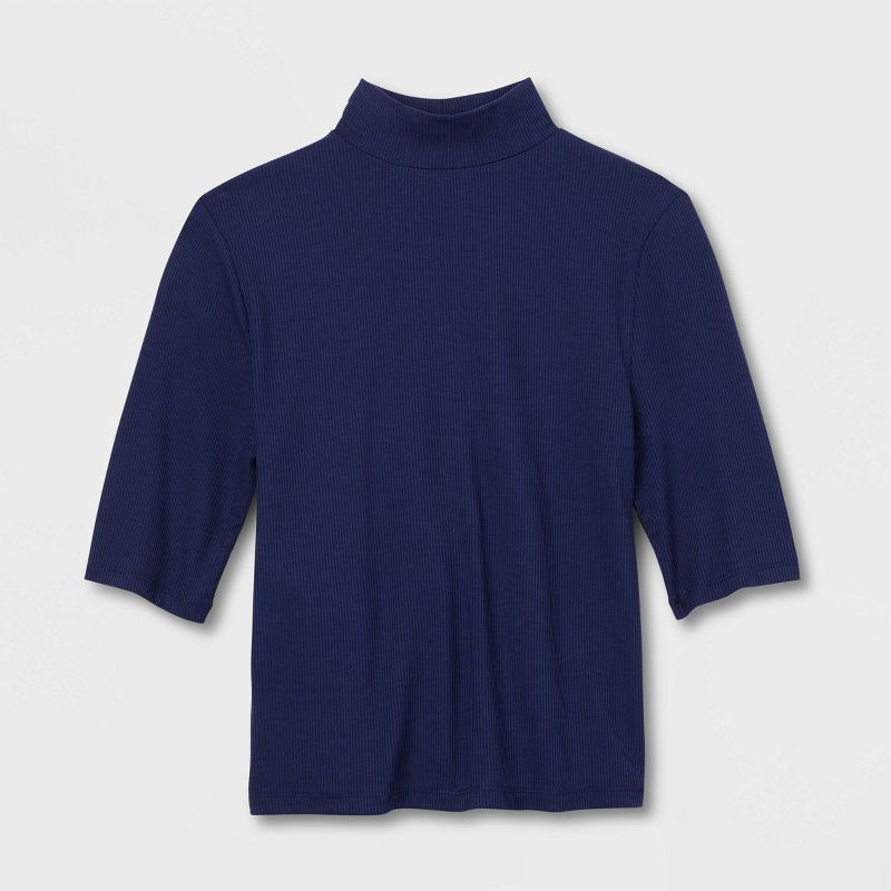 slide 4 of 4, Women's Elbow Sleeve Mock Turtle Neck Ribbed T-Shirt - A New Day™ Navy M: Midweight, Pullover, 1 ct