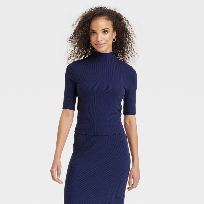 slide 1 of 4, Women's Elbow Sleeve Mock Turtle Neck Ribbed T-Shirt - A New Day™ Navy M: Midweight, Pullover, 1 ct