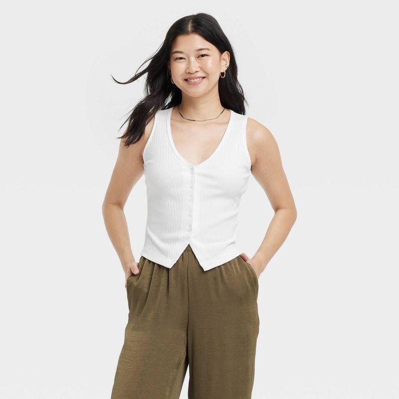 slide 1 of 3, Women's Ribbed Button-Down Vest - A New Day™ White S: Midweight Cotton Blend, V Neck, Machine Washable, 1 ct