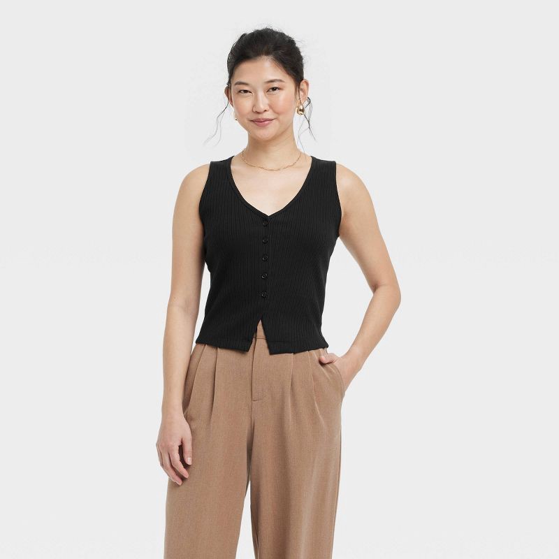 slide 1 of 3, Women's Ribbed Button-Down Vest - A New Day™ Black XS: Cotton Blend, Recycled Polyester, Spandex, V Neck, Machine Washable, 1 ct