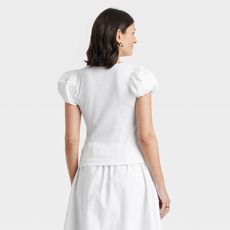 slide 2 of 4, Women's Ribbed Puff Short Sleeve Blouse - A New Day™ White XL: Cotton-Modal Blend, Slim Fit, Crew Neck, Knit Fabric, 1 ct