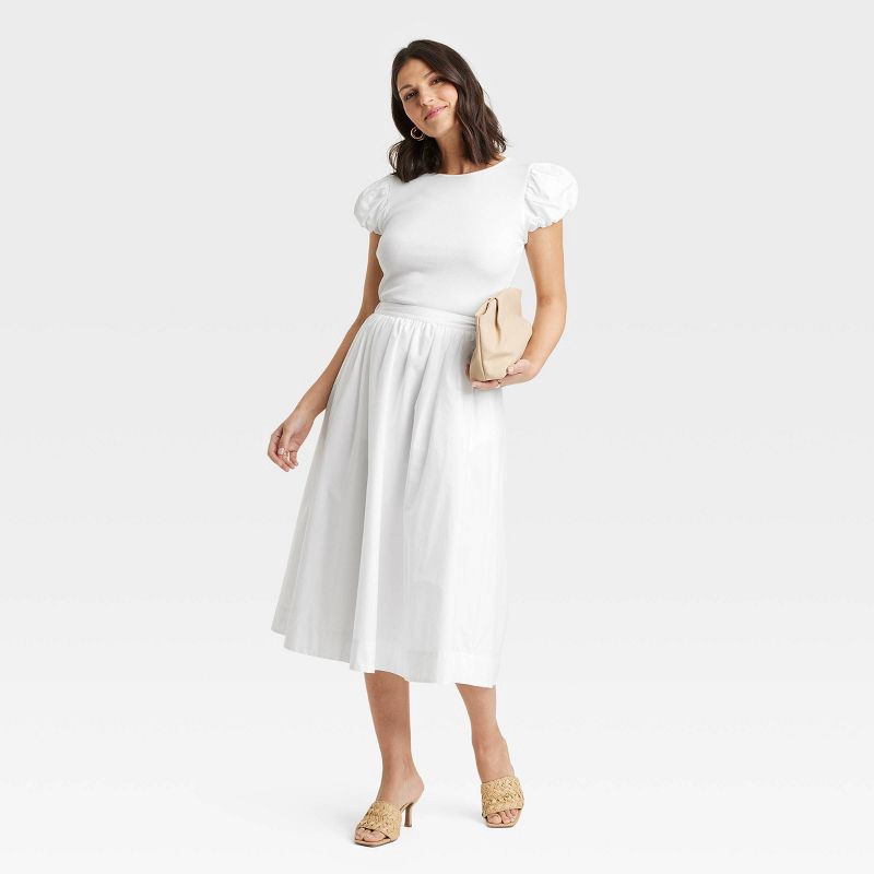 slide 3 of 4, Women's Ribbed Puff Short Sleeve Blouse - A New Day™ White XL: Cotton-Modal Blend, Slim Fit, Crew Neck, Knit Fabric, 1 ct