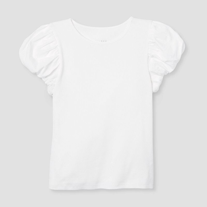 slide 4 of 4, Women's Ribbed Puff Short Sleeve Blouse - A New Day™ White XL: Cotton-Modal Blend, Slim Fit, Crew Neck, Knit Fabric, 1 ct