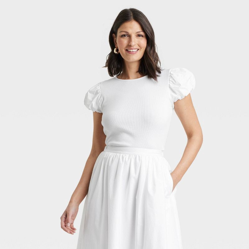 slide 1 of 4, Women's Ribbed Puff Short Sleeve Blouse - A New Day™ White XL: Cotton-Modal Blend, Slim Fit, Crew Neck, Knit Fabric, 1 ct
