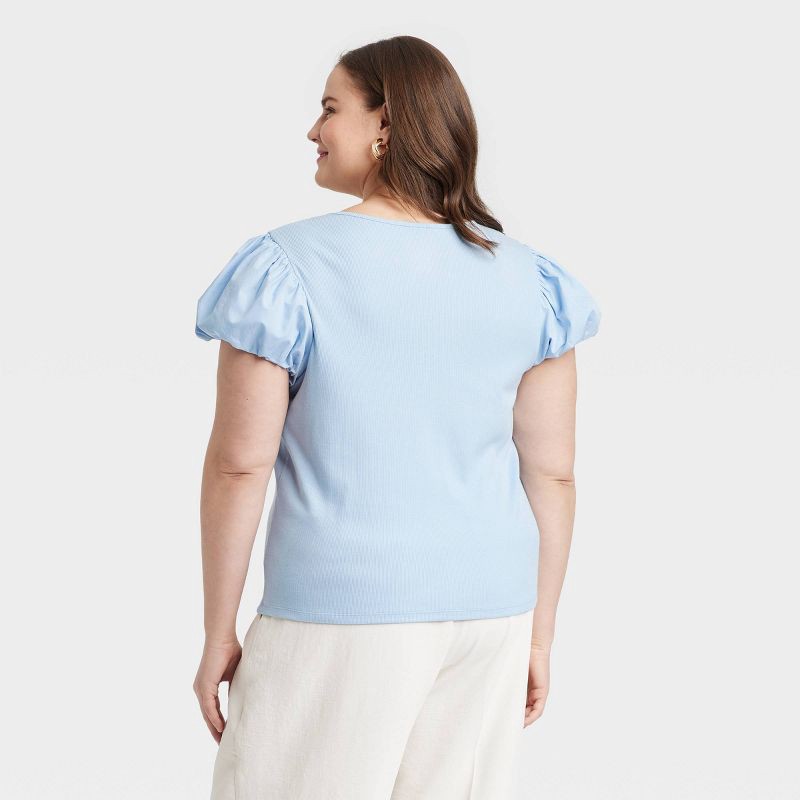 slide 2 of 3, Women's Ribbed Puff Short Sleeve Blouse - A New Day™ Blue XXL: Cotton Modal Knit, Slim Fit, Crew Neck, 1 ct
