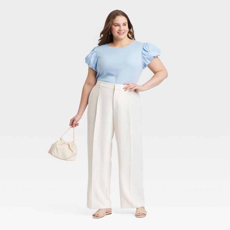 slide 3 of 3, Women's Ribbed Puff Short Sleeve Blouse - A New Day™ Blue XXL: Cotton Modal Knit, Slim Fit, Crew Neck, 1 ct