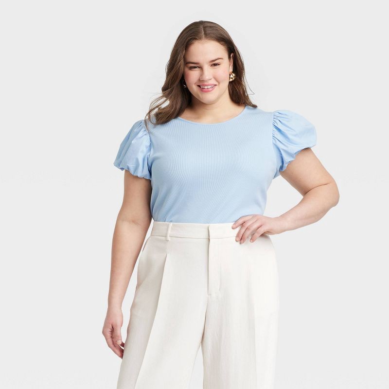 slide 1 of 3, Women's Ribbed Puff Short Sleeve Blouse - A New Day™ Blue XXL: Cotton Modal Knit, Slim Fit, Crew Neck, 1 ct
