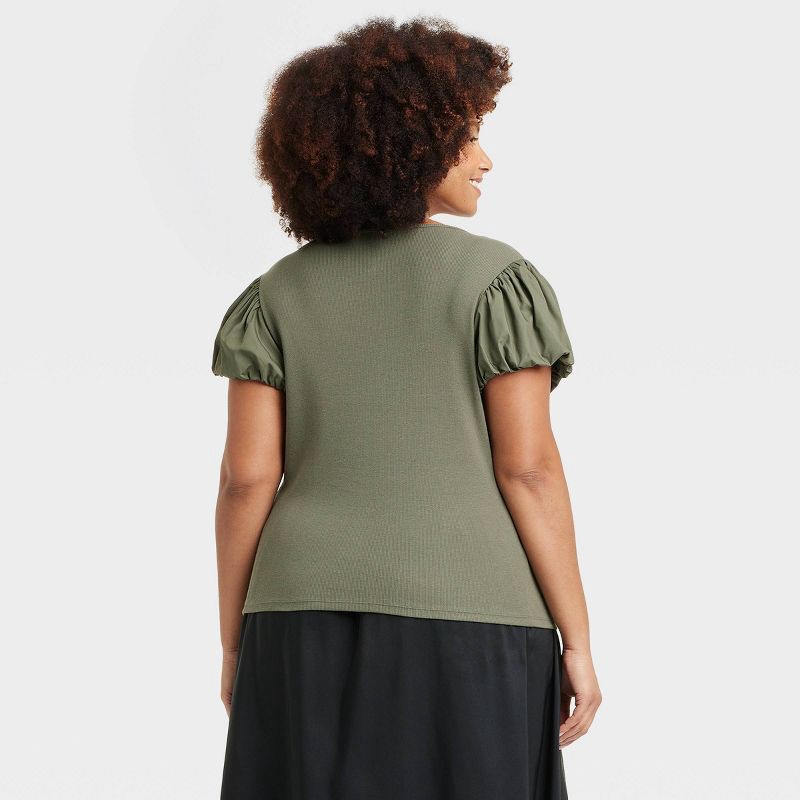 slide 2 of 3, Women's Ribbed Puff Short Sleeve Blouse - A New Day™ Olive XXL: Cotton Modal Knit, Slim Fit, Crew Neck, 1 ct