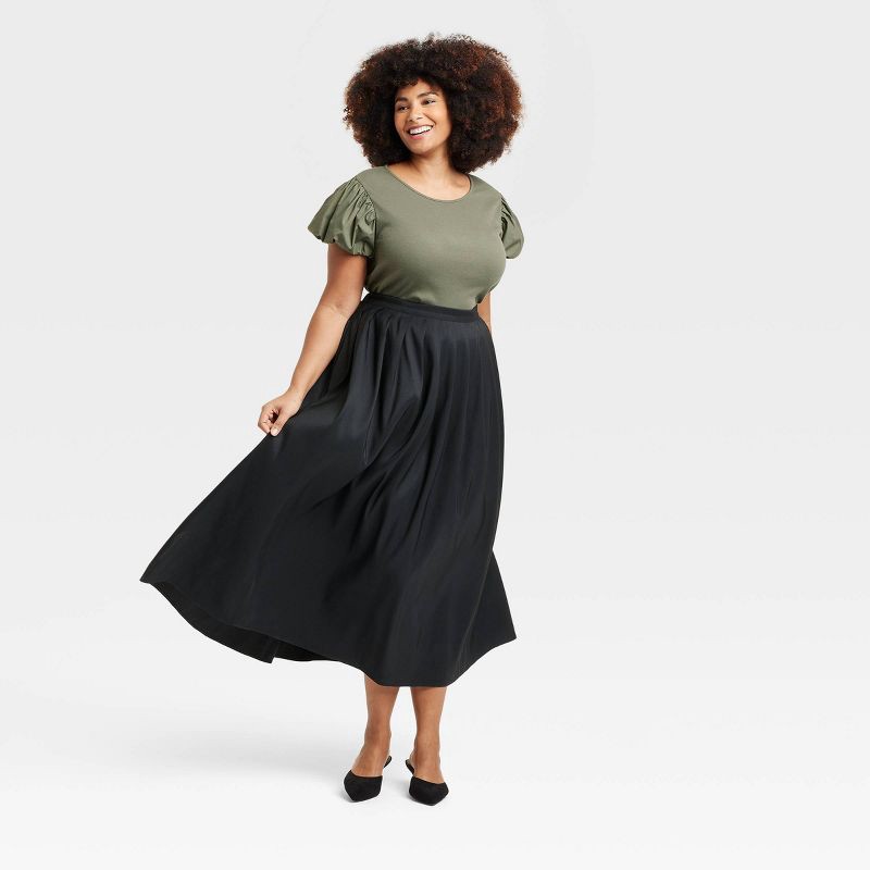 slide 3 of 3, Women's Ribbed Puff Short Sleeve Blouse - A New Day™ Olive XXL: Cotton Modal Knit, Slim Fit, Crew Neck, 1 ct