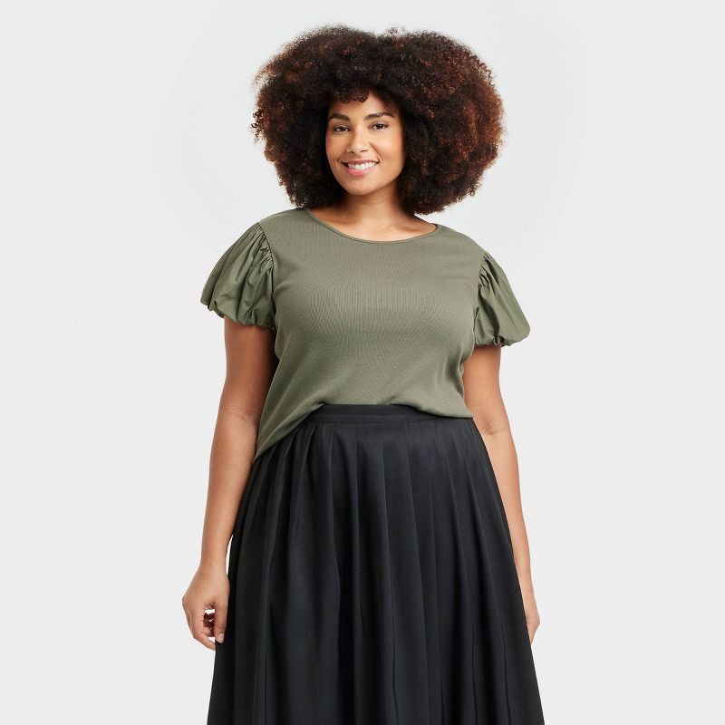 slide 1 of 3, Women's Ribbed Puff Short Sleeve Blouse - A New Day™ Olive XXL: Cotton Modal Knit, Slim Fit, Crew Neck, 1 ct