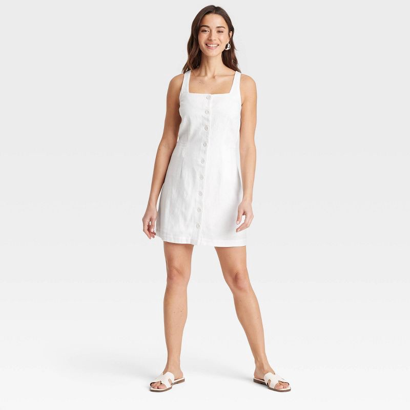 slide 1 of 3, Women's Linen Mini Vest Dress - A New Day™ White XS: Sleeveless, Squareneck, Front Button Down, 1 ct