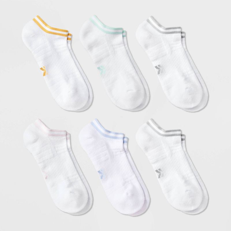 slide 1 of 4, Women's Striped Cushioned 6pk No Show Socks - All In Motion™ White/Pink/Blue 4-10: Midweight Fabric, 6 ct
