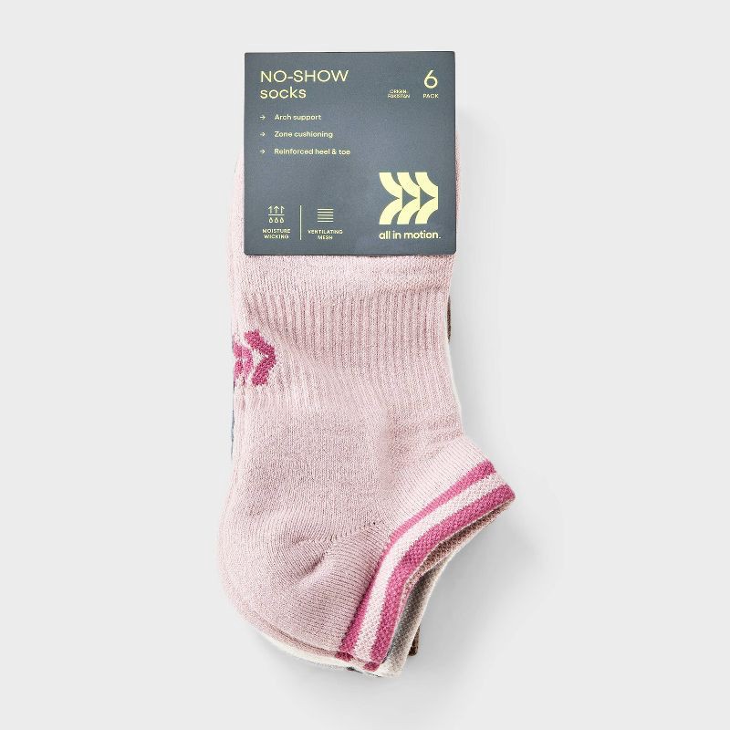 slide 2 of 3, Women's Striped Cushioned 6pk No Show Socks - All In Motion™ Pink/Blue/Green 4-10: Arch Support, Knit, 6 ct