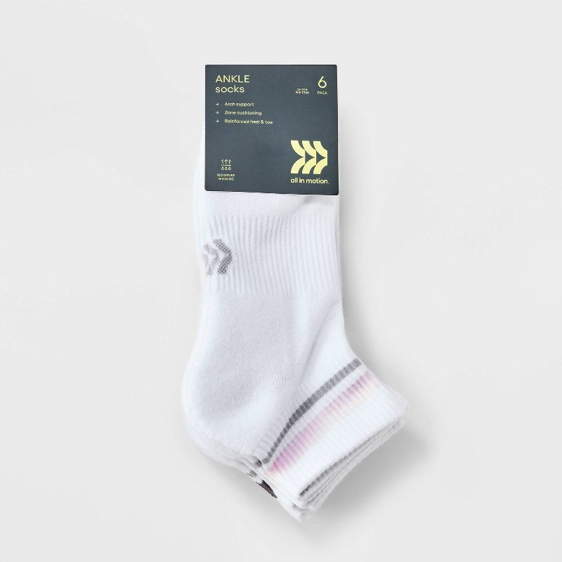 slide 2 of 3, Women's Striped Cushioned 6pk Ankle Socks - All In Motion™ White/Pink 4-10: Arch Support, Knit Fabric, 6 ct