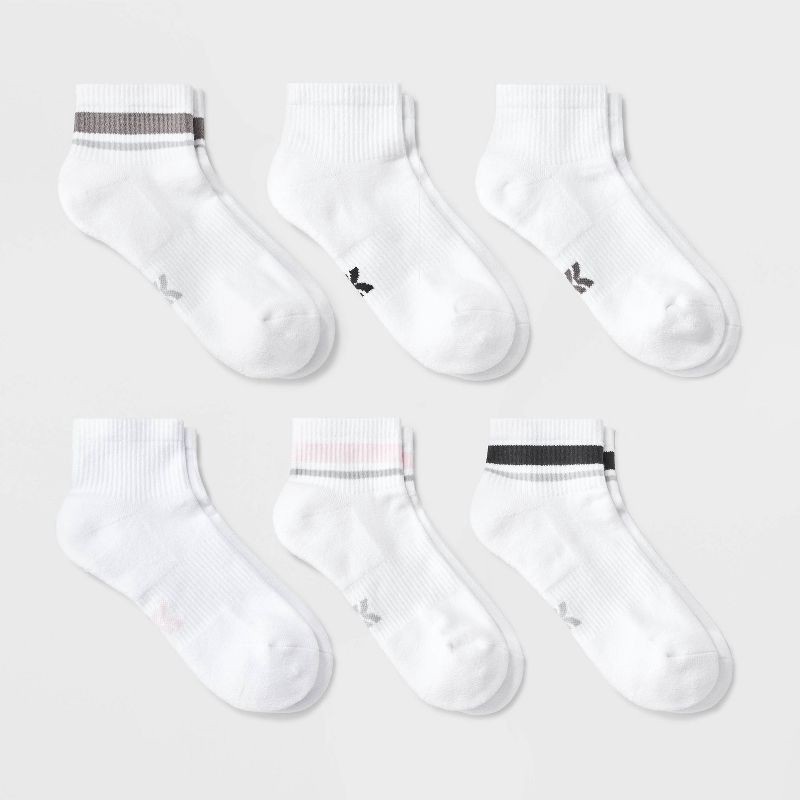 slide 1 of 3, Women's Striped Cushioned 6pk Ankle Socks - All In Motion™ White/Pink 4-10: Arch Support, Knit Fabric, 6 ct