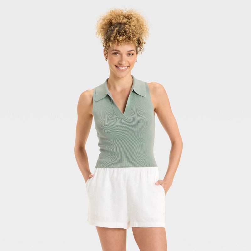 slide 1 of 3, Women's Polo Collar Pullover Sweater Tank - A New Day™ Teal M, 1 ct