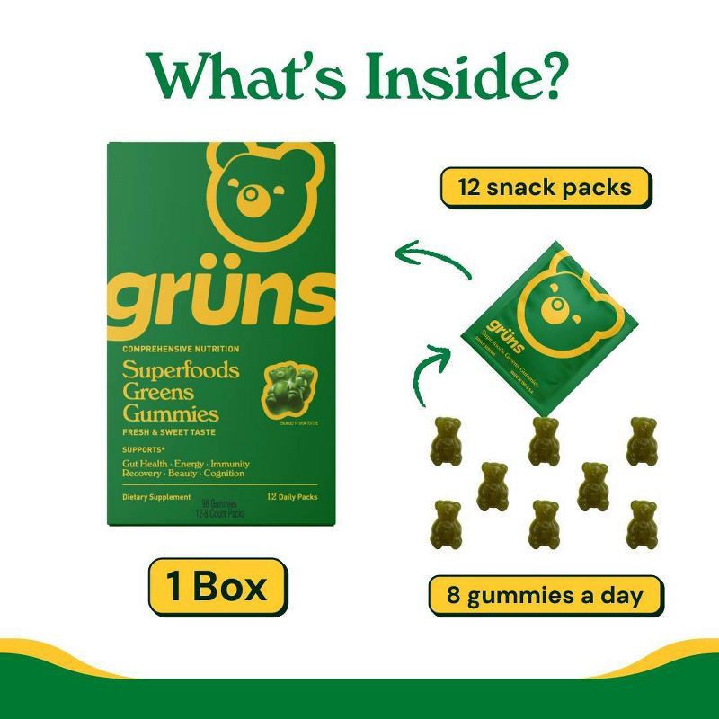 slide 3 of 14, Gruns Grüns Adult Low Sugar Superfoods Greens Gummies - 96ct/12 Servings, 96 ct, 12 servings