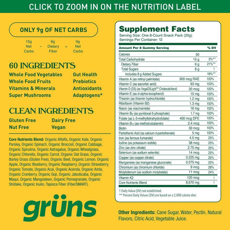 slide 9 of 14, Gruns Grüns Adult Low Sugar Superfoods Greens Gummies - 96ct/12 Servings, 96 ct, 12 servings
