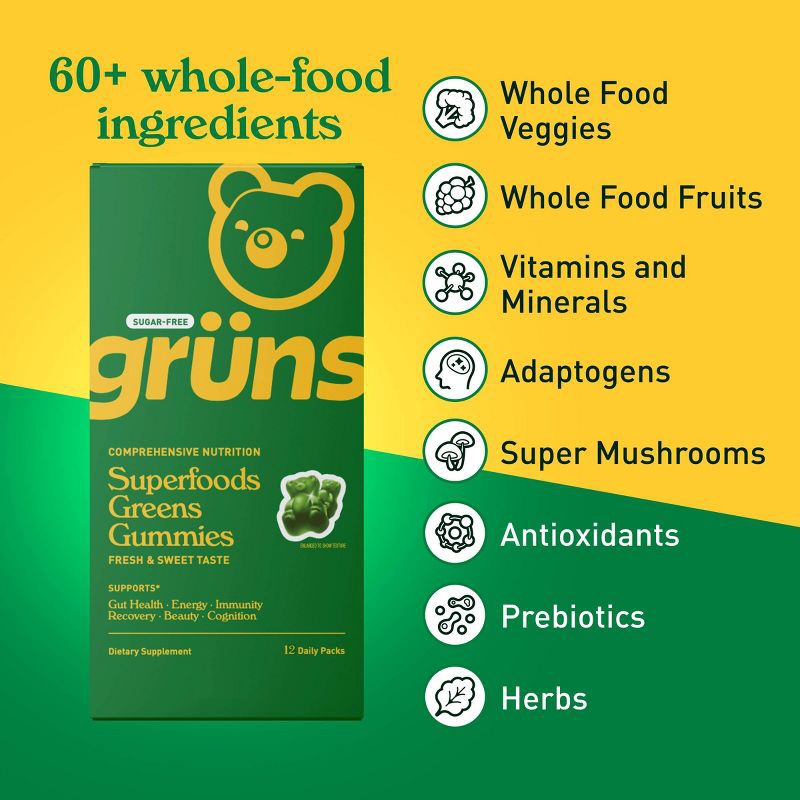 slide 3 of 13, Gruns Grüns Adult Sugar-Free Superfoods Greens Gummies - 96ct/12 Servings, 96 ct, 12 servings