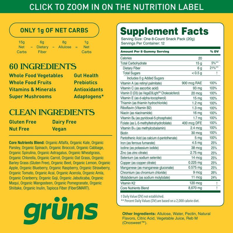slide 8 of 13, Gruns Grüns Adult Sugar-Free Superfoods Greens Gummies - 96ct/12 Servings, 96 ct, 12 servings