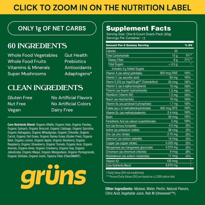 slide 9 of 13, Gruns Grüns Adult Sugar-Free Superfoods Greens Gummies - 96ct/12 Servings, 96 ct, 12 servings