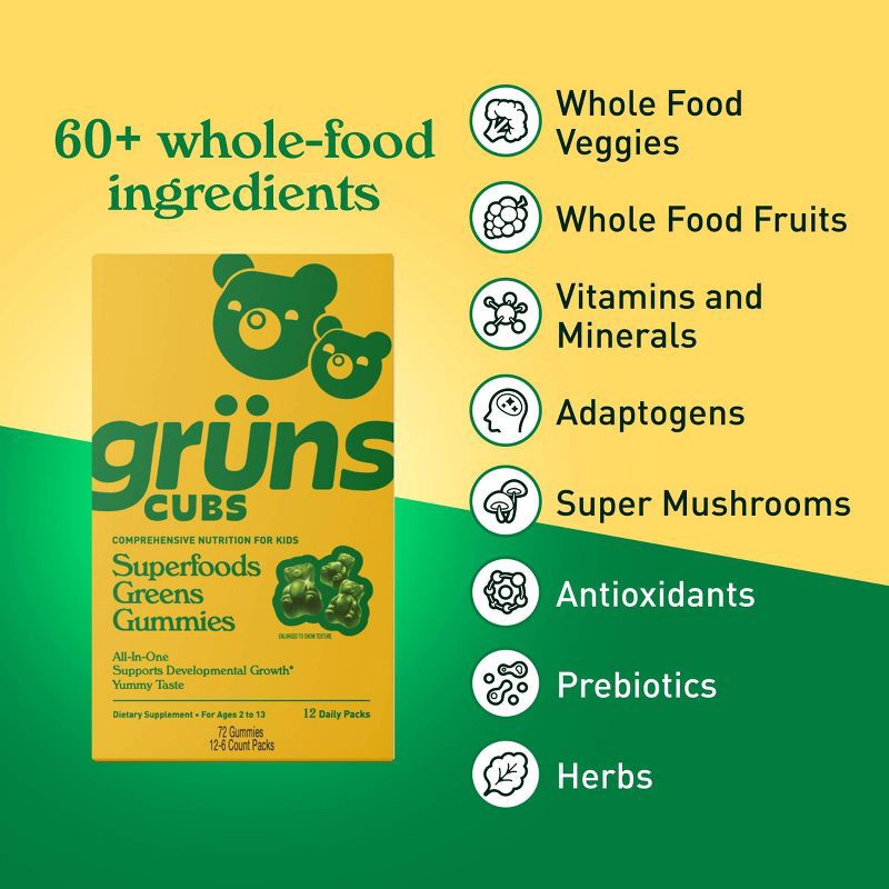 slide 3 of 13, Gruns Grüns Kids' Low Sugar Superfoods Greens Gummies - 72ct/12 Servings, 72 ct, 12 servings