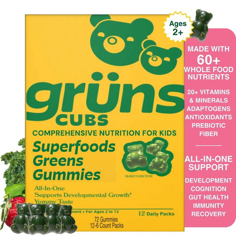 slide 13 of 13, Gruns Grüns Kids' Low Sugar Superfoods Greens Gummies - 72ct/12 Servings, 72 ct, 12 servings