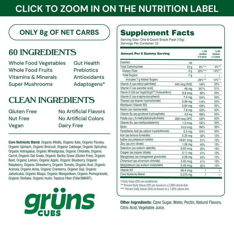 slide 6 of 13, Gruns Grüns Kids' Low Sugar Superfoods Greens Gummies - 72ct/12 Servings, 72 ct, 12 servings