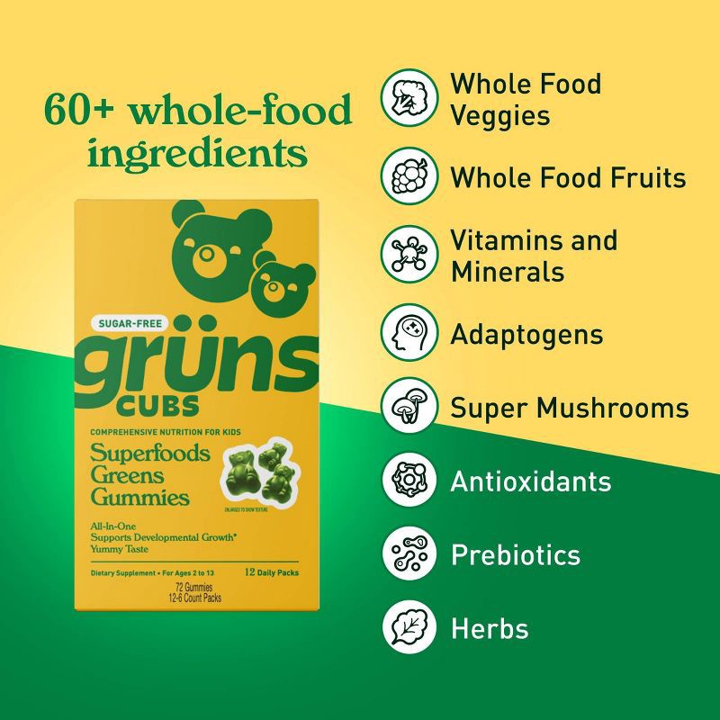 slide 3 of 12, Gruns Grüns Kids' Sugar-Free Superfoods Greens Gummies - 72ct/12 Servings, 72 ct, 12 servings