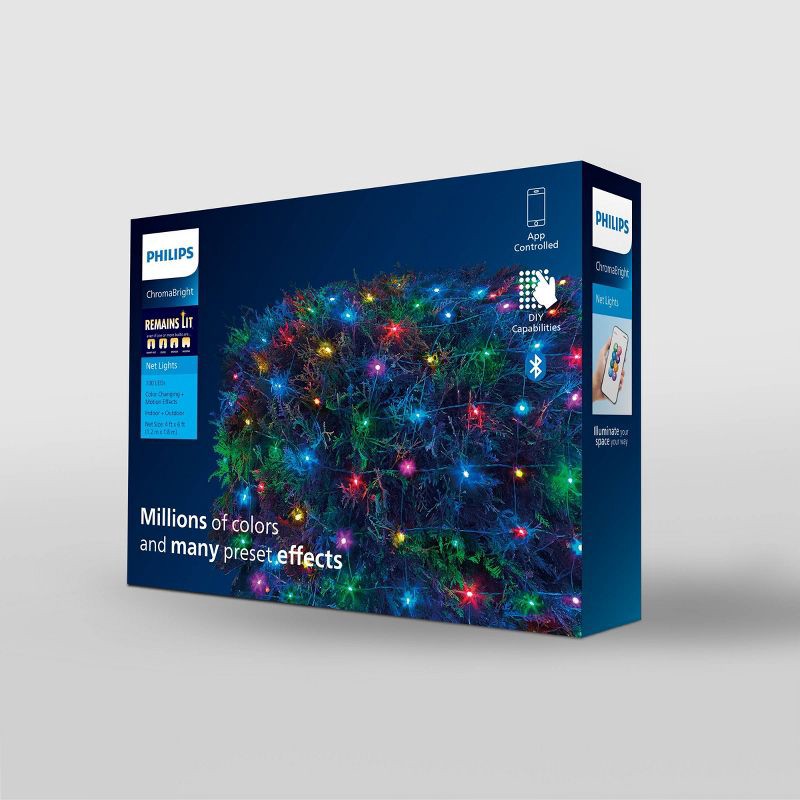 slide 4 of 6, 100ct Philips ChromaBright LED App Controlled Net Lights with RGB LED's, Green Wire, Indoor/Outdoor, 100 ct