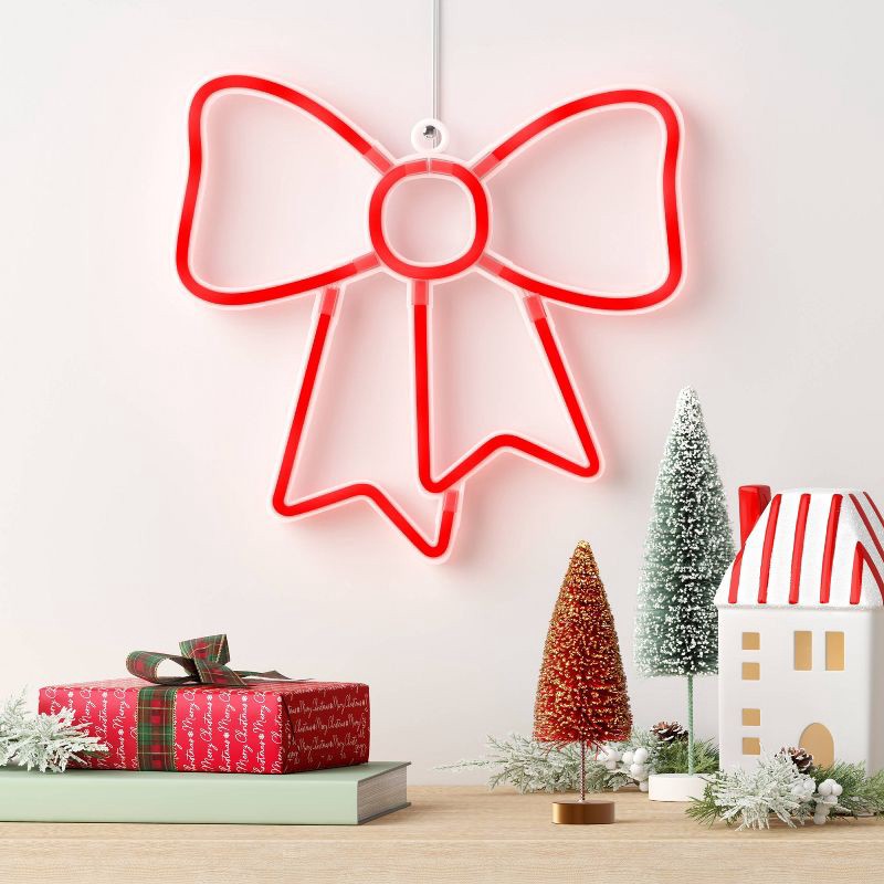 slide 2 of 4, LED Battery Operated Christmas Neon Bow Hangable Sign Red - Wondershop™, 1 ct