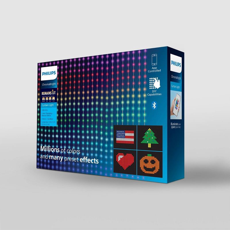 slide 4 of 6, 528ct 7.5' x 7.2' Philips ChromaBright LED App Controlled Dewdrop Curtain Light with Fairy RGB LED's, Clear Wire, Indoor/Outdoor, 528 ct