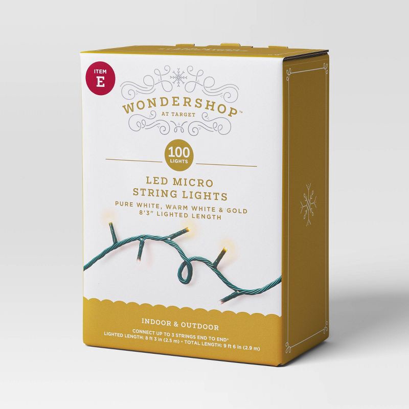 slide 5 of 5, 9.5' 3mm 100ct LED Micro Christmas String Lights Pure White/Warm White/Gold with Green Wire - Wondershop™, 100 ct