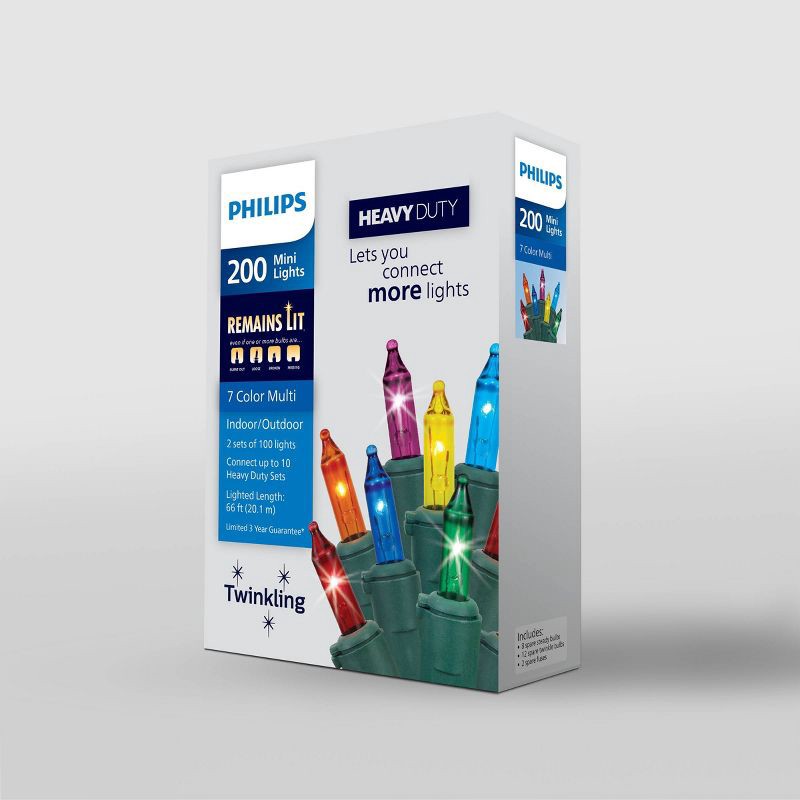 slide 4 of 5, 200ct Philips Heavy Duty Incandescent Indoor/Outdoor Miniature Twinkling String Lights Multi-Colored with Green Wire and Remains Lit Technology, 200 ct