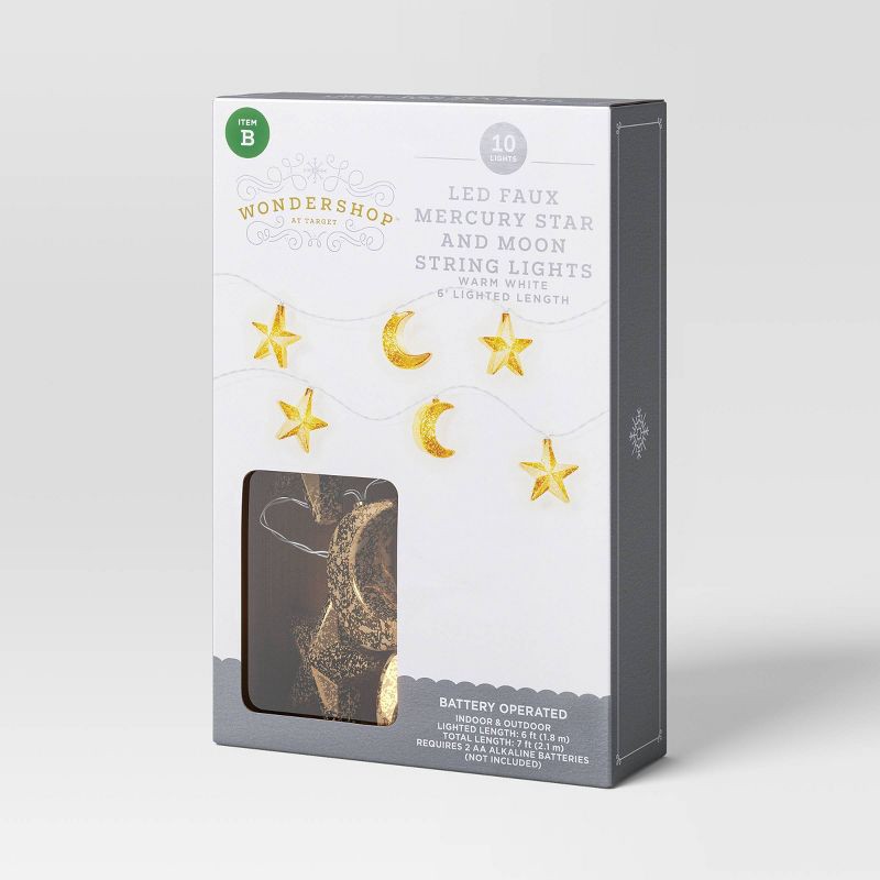 slide 4 of 4, 10ct LED Battery Operated Faux Mercury Star and Moon Christmas Indoor/Outdoor Novelty String Lights Warm White with Clear Wire - Wondershop™, 10 ct
