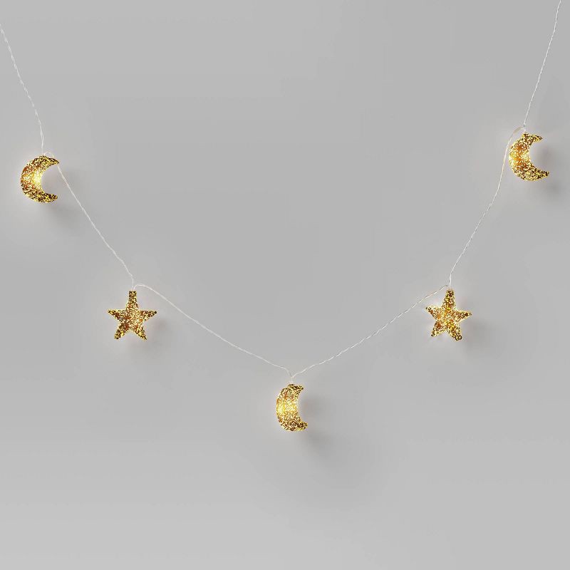 slide 1 of 4, 10ct LED Battery Operated Faux Mercury Star and Moon Christmas Indoor/Outdoor Novelty String Lights Warm White with Clear Wire - Wondershop™, 10 ct