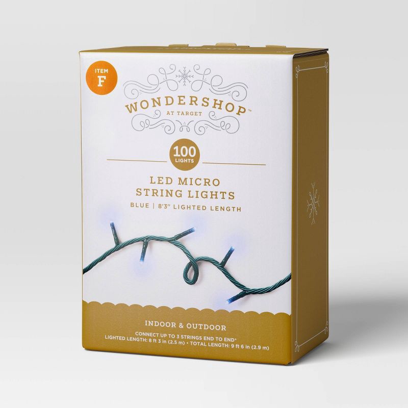 slide 5 of 5, 9.5' 3mm 100ct LED Micro Christmas String Lights Blue with Green Wire - Wondershop™, 100 ct