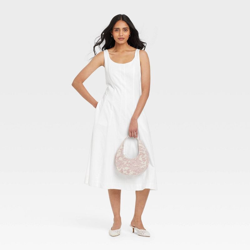 slide 3 of 3, Women's Corset Midi A-Line Dress - A New Day™ White 12: Cotton Rayon Blend, Side Zipper, U Neck, Sleeveless, 1 ct
