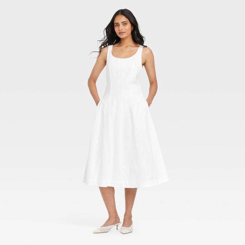 slide 1 of 3, Women's Corset Midi A-Line Dress - A New Day™ White 12: Cotton Rayon Blend, Side Zipper, U Neck, Sleeveless, 1 ct