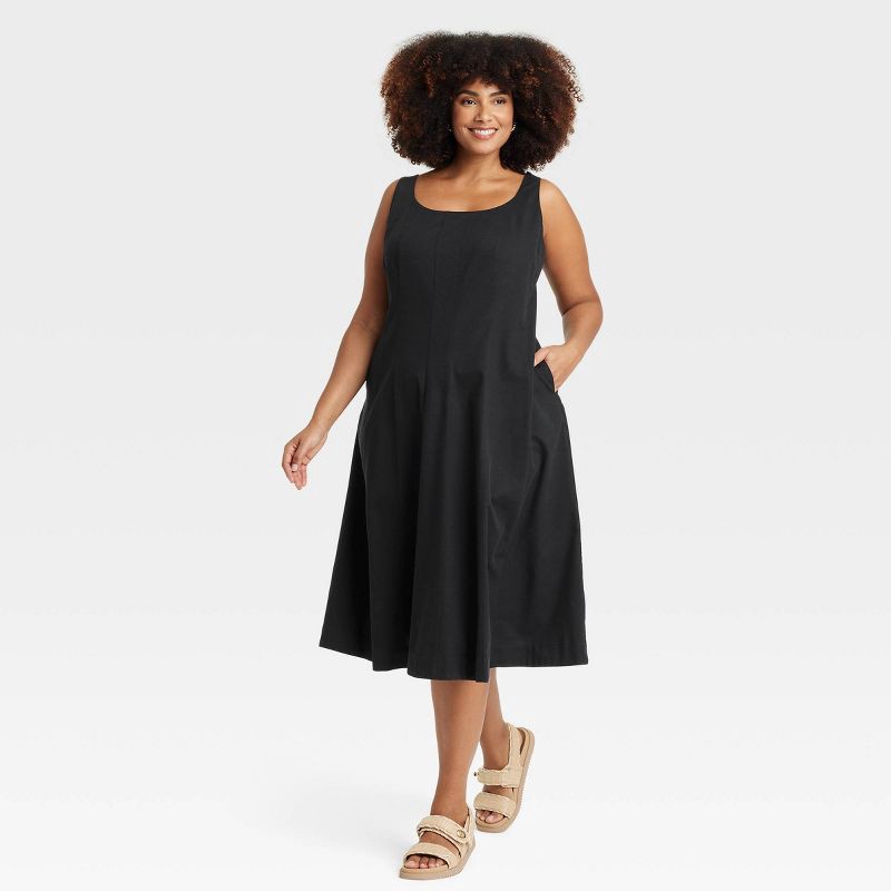 slide 1 of 3, Women's Corset Midi A-Line Dress - A New Day™ Black 17: Cotton Rayon Blend, Side Zipper, U Neck, Sleeveless, 1 ct