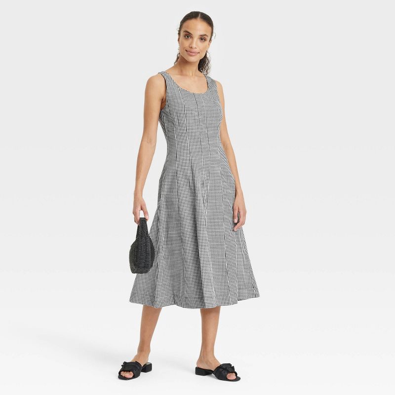slide 3 of 3, Women's Corset Midi A-Line Dress - A New Day™ Black Gingham 8: Cotton Rayon Blend, Side Zipper, Sleeveless, U Neck, Side Pocket, 1 ct