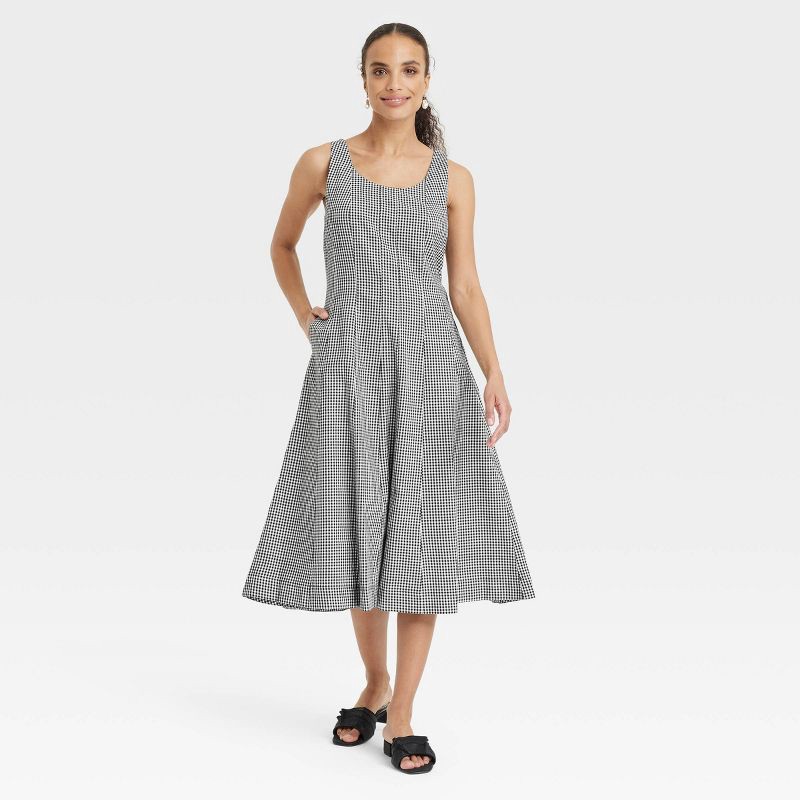 slide 1 of 3, Women's Corset Midi A-Line Dress - A New Day™ Black Gingham 8: Cotton Rayon Blend, Side Zipper, Sleeveless, U Neck, Side Pocket, 1 ct