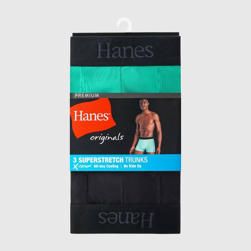 slide 2 of 6, Hanes Premium Hanes Originals Premium Men's Super Stretch Trunks 3pk - Green/Gray/Black XL: Tagless, Moisture Wicking, Quick Dry, 3 ct